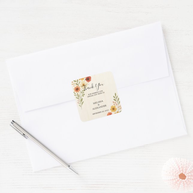 Sticker Carré Fleurs d'aquarelle mariage botanique merci (Enveloppe)