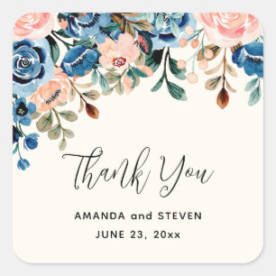 Sticker Carré Fleurs d'aquarelle rose et bleu Mariage Merci