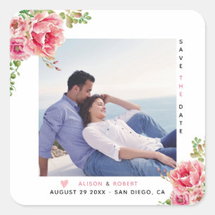 Sticker Carré Fleurs d'aquarelle rose, feuilles verts sauge, pho