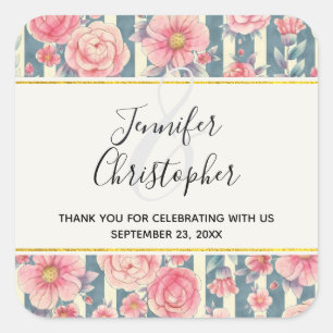 Sticker Carré Fleurs d'aquarelle rose Merci Mariage