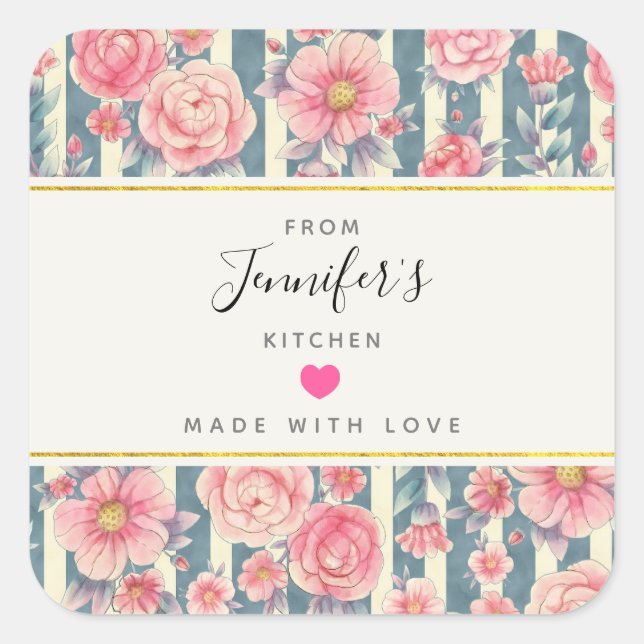 Sticker Carré Fleurs d'aquarelle rose sur bandes Cuisine (Devant)