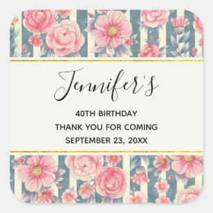 Sticker Carré Fleurs d'aquarelle rose sur les rayures Anniversai