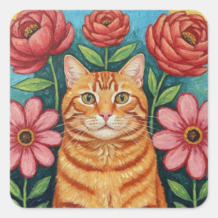 Sticker Carré Fleurs d'art populaire de chat orange