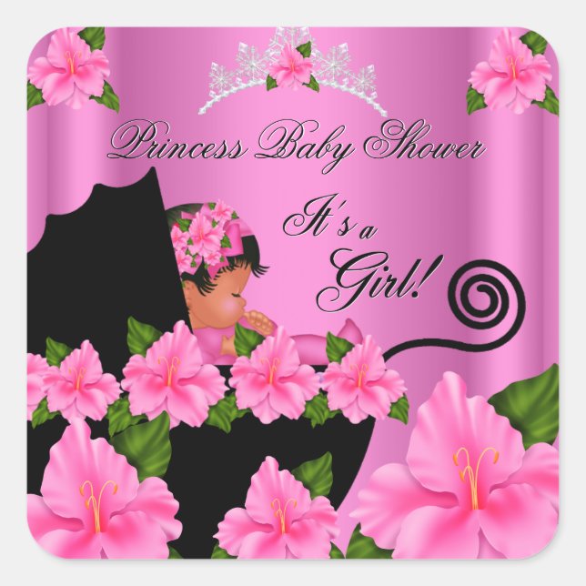 Sticker Carré Fleurs de Baby shower de princesse afro-américaine (Devant)