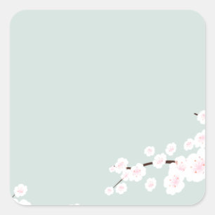 Sticker Carré Fleurs de cerise avec Arrière - plan vert de la me