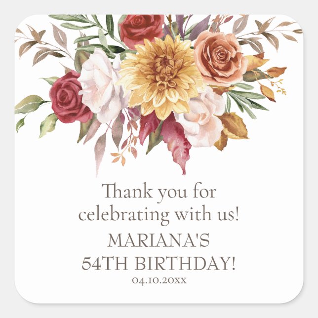 Sticker Carré Fleurs de feuillage Automne Blanc Fête d'anniversa (Devant)