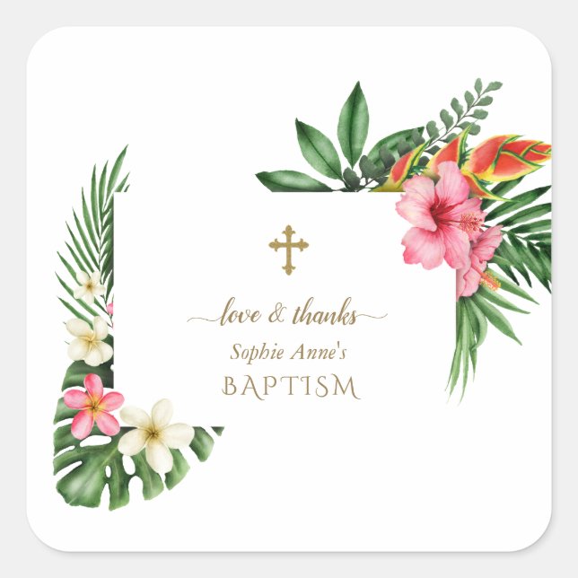 Sticker Carré Fleurs de Jardin Tropical Fleurit Fille Baptême (Devant)