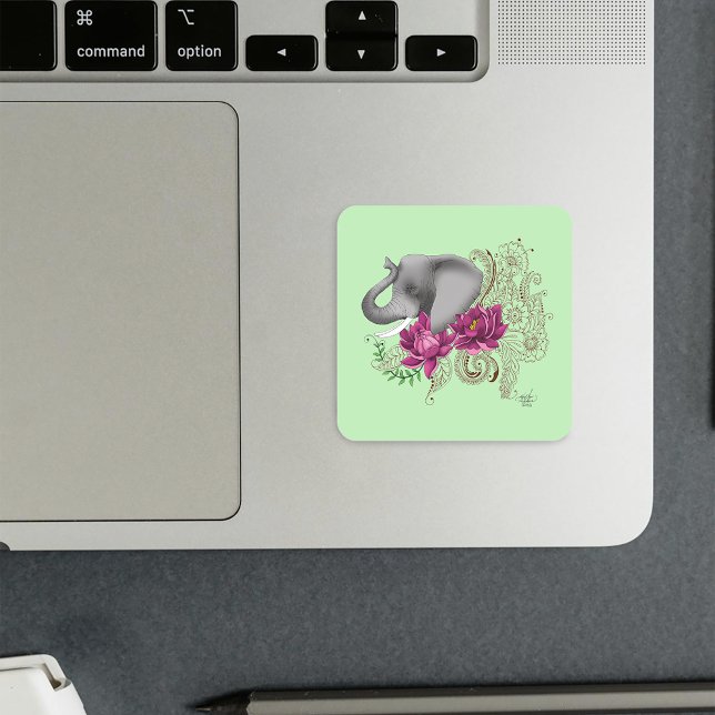 Sticker Carré Fleurs de lotus henné éléphant (Créateur téléchargé)