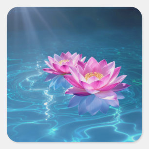 Sticker Carré Fleurs de Lotus rose flottant sur l'eau bleu crist