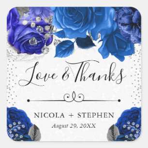 Sticker Carré Fleurs de mariage aquarelle bleue et argent