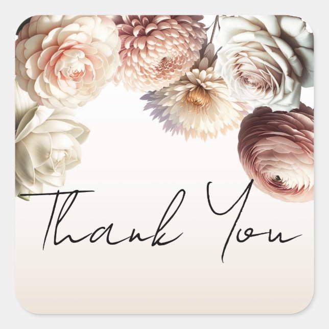 Sticker Carré Fleurs de mariage florales rose pêche blanc crémeu (Devant)