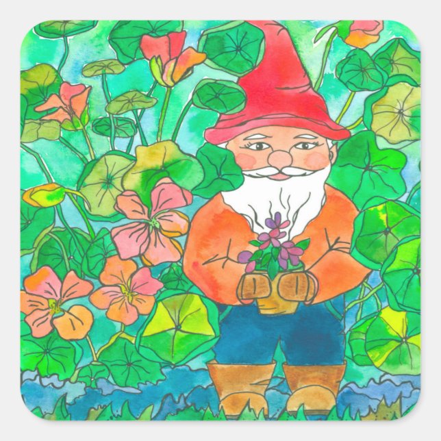 Sticker Carré Fleurs de Nasturtium Gnome Jardin (Devant)