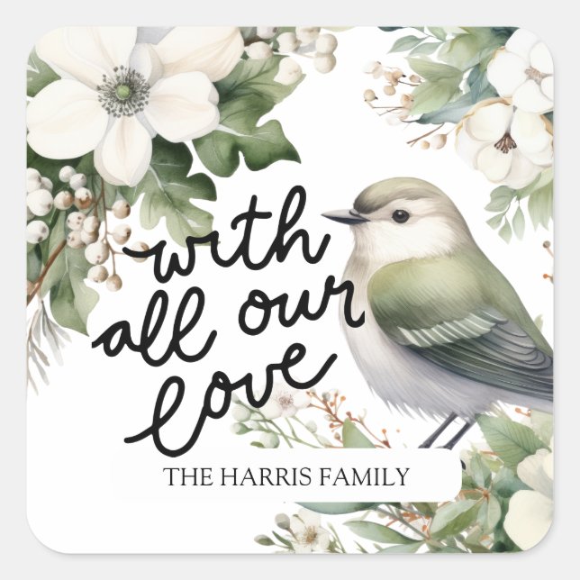 Sticker Carré Fleurs de Noël personnalisées et oiseaux - Avec am (Devant)