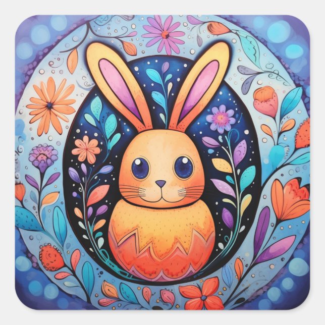 Sticker Carré Fleurs de printemps mignonnes de lapin de Pâques (Devant)