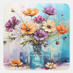 Sticker Carré Fleurs de ressort d'aquarelle
