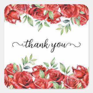 Sticker Carré Fleurs de roses rouges aquarelle bordure