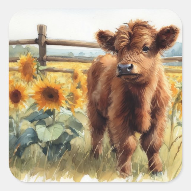 Sticker Carré Fleurs de soleil d'aquarelle et veau des Highlands (Devant)