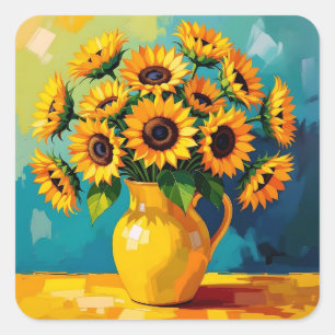 Sticker Carré Fleurs de soleil jaunes dans un vase jaune