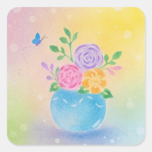 Sticker Carré Fleurs de vase pastel Papillon Art