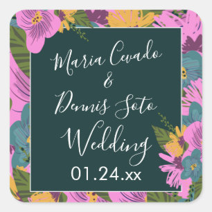 Sticker Carré Fleurs dessinées à la main Mariage Vert sauge Rose