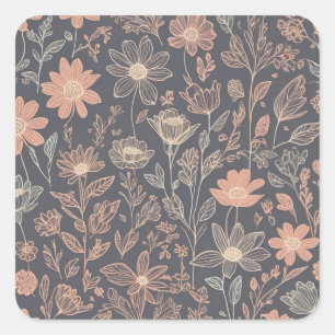 Sticker Carré Fleurs dessinées à trait de trait d'illustration
