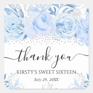 Sticker Carré Fleurs d'hiver bébé bleu aquarelle Sweet Sixteen