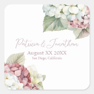 Sticker Carré Fleurs d'hortensia à l'aquarelle rose et blanc