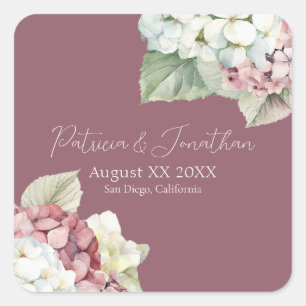 Sticker Carré Fleurs d'hortensia à l'aquarelle rose et blanc sur