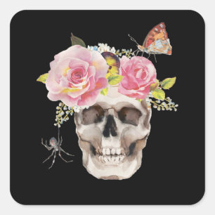 Sticker Carré Fleurs du crâne Araignée papillon Halloween Cadeau