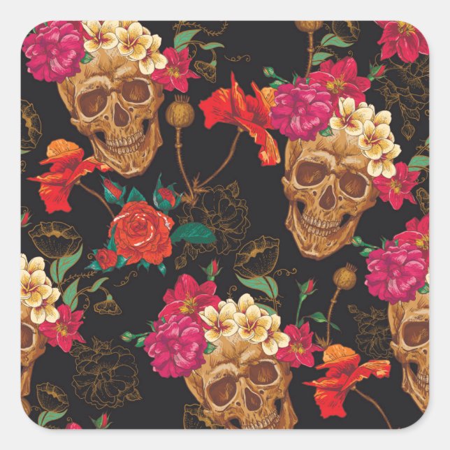 Sticker Carré Fleurs du crâne : Arrière - plan foncé sans coutur (Devant)