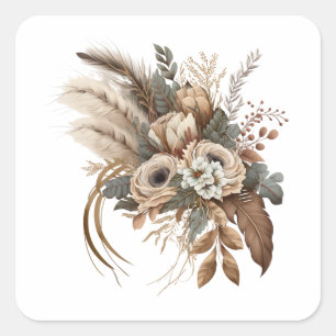 Sticker Carré Fleurs Élégantes Feuillage et plumes