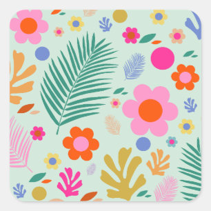 Sticker Carré Fleurs Et Feuilles 01 Vert Floral