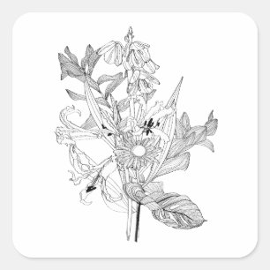Sticker Carré Fleurs et feuilles de palmiers en style croquis.