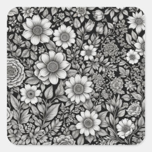 Sticker Carré Fleurs et feuilles noirs et blancs