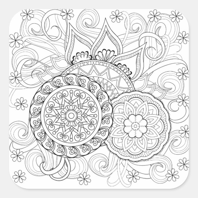 Sticker Carré Fleurs et mandalas de griffonnage (Devant)