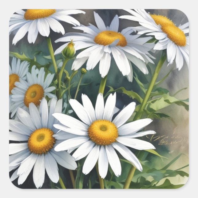 Sticker Carré Fleurs et marguerites Elégante aquarelle (Devant)
