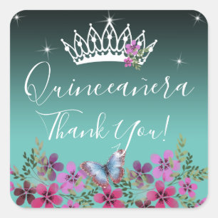 Sticker Carré Fleurs et Merci papillon Quinceanera Bleu