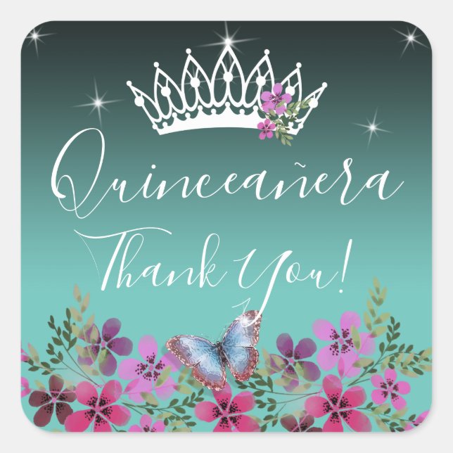 Sticker Carré Fleurs et Merci papillon Quinceanera Bleu (Devant)