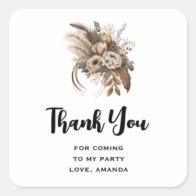 Sticker Carré Fleurs Foliage et Plumes Merci de fête (Devant)