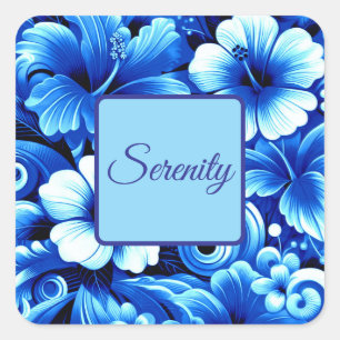 Sticker Carré Fleurs hawaïennes tropicales Hibiscus Cobalt Sérén