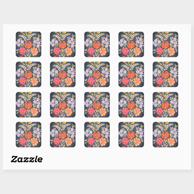 Sticker Carré fleurs hongroises - couleurs vives (Feuille)