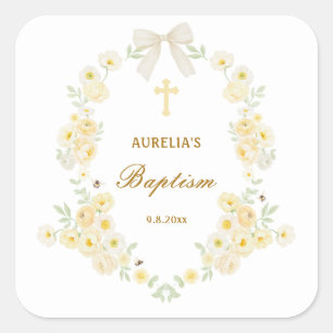 Sticker Carré Fleurs Jaunes Cadre Arc Baptême
