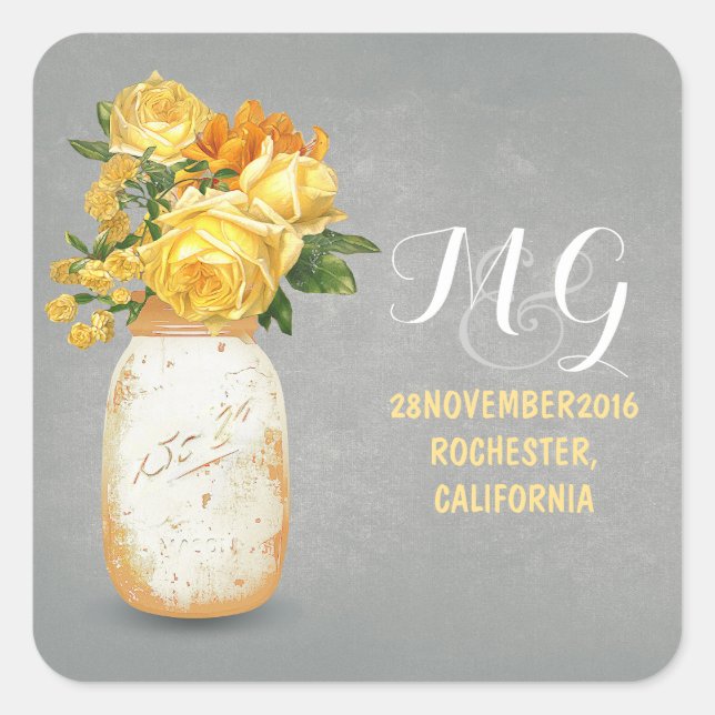 Sticker Carré Fleurs jaunes peintes collants de mariage en pot d (Devant)
