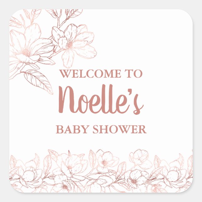 Sticker Carré Fleurs Magnolia roses Élégantes, Baby shower (Devant)