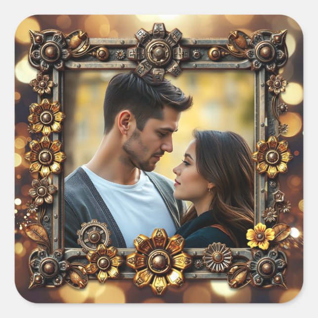 Sticker Carré Fleurs métalliques Steampunk Mariage personnalisé (Devant)