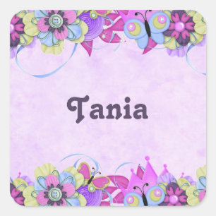 Sticker Carré Fleurs mignonnes et papillons sur violet