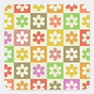 Sticker Carré Fleurs Rétro Colorées sur Motif Damier 