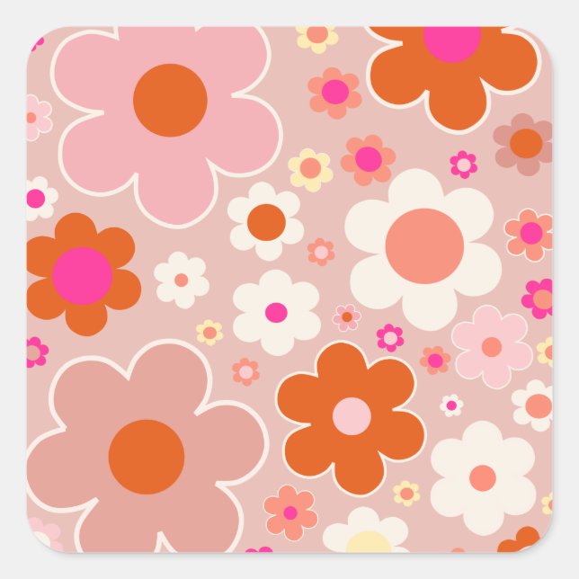 Sticker Carré Fleurs Rétro Peach Blush Rose Orange Floral (Devant)