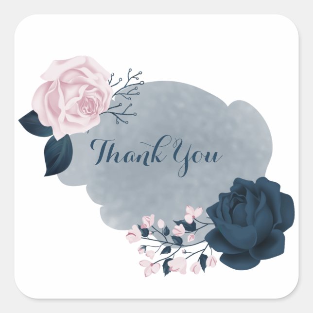 Sticker Carré fleurs rose et marine merci classique bâton rond (Devant)