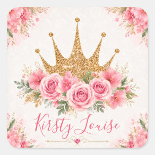 Sticker Carré Fleurs roses à l'aquarelle et diadème doré